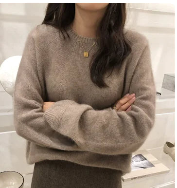 Basic Woolen Loose Round Neck Sweater for Women (One)